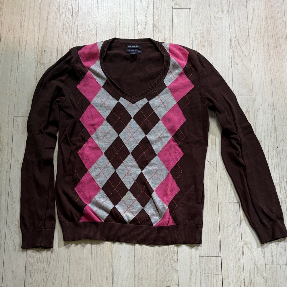 Tommy Hilfiger women’s Brown and Pink Argyle V-Neck Sweater